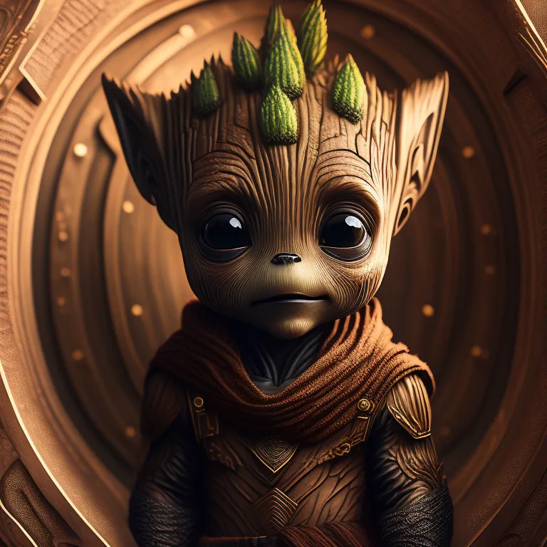 The image shows a small, tree-like creature with large, curious eyes. It has a brown, wooden body and leafy green hair. It is wearing a brown leather vest with shoulder pads and a belt with a pouch. It is standing in a golden doorway, looking out at the viewer.