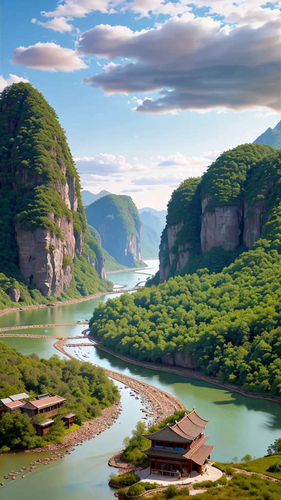 The image is of a river flowing through a valley. The river is green and the valley is green. The valley is surrounded by tall mountains. The mountains are covered in trees. The sky is blue and there are some clouds in the sky. There are some buildings on the banks of the river. The buildings are made of wood and have red roofs.