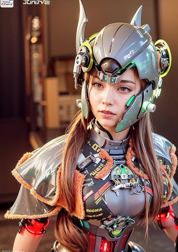 The image is of a young woman with long brown hair and brown eyes. She is wearing a futuristic suit of armor that covers her body from head to toe. The armor is made of a variety of materials, including metal, plastic, and leather. It is decorated with green and orange lights and has a number of small screens and other gadgets attached to it.

The woman's helmet has a visor that is flipped up, revealing her face. She has a small, determined smile on her face. She is looking at the viewer with her head tilted at a slight angle.

The woman's suit of armor is open at the chest, revealing a black bodysuit underneath. The bodysuit is made of a flexible material that allows her to move freely. She is also wearing a pair of black boots and a pair of gloves.

The woman is standing in a futuristic setting. There are no other people visible in the image. The background is a blur of light and dark colors.