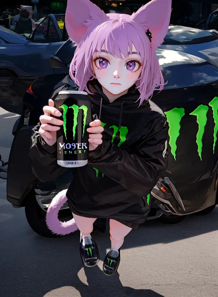 Görüntü, mor saçlı ve kedi kulakları olan anime tarzı bir kız gösteriyor. Siyah bir kapüşonlu sweatshirt, ön kısmında yeşil bir Monster Energy logosu ve yeşil tabanlı siyah spor ayakkabılar giyiyor. Sağ elinde bir Monster Energy kutusu tutarak siyah bir arabanın önünde duruyor. Arka plan bulanık ve kız ön planda.