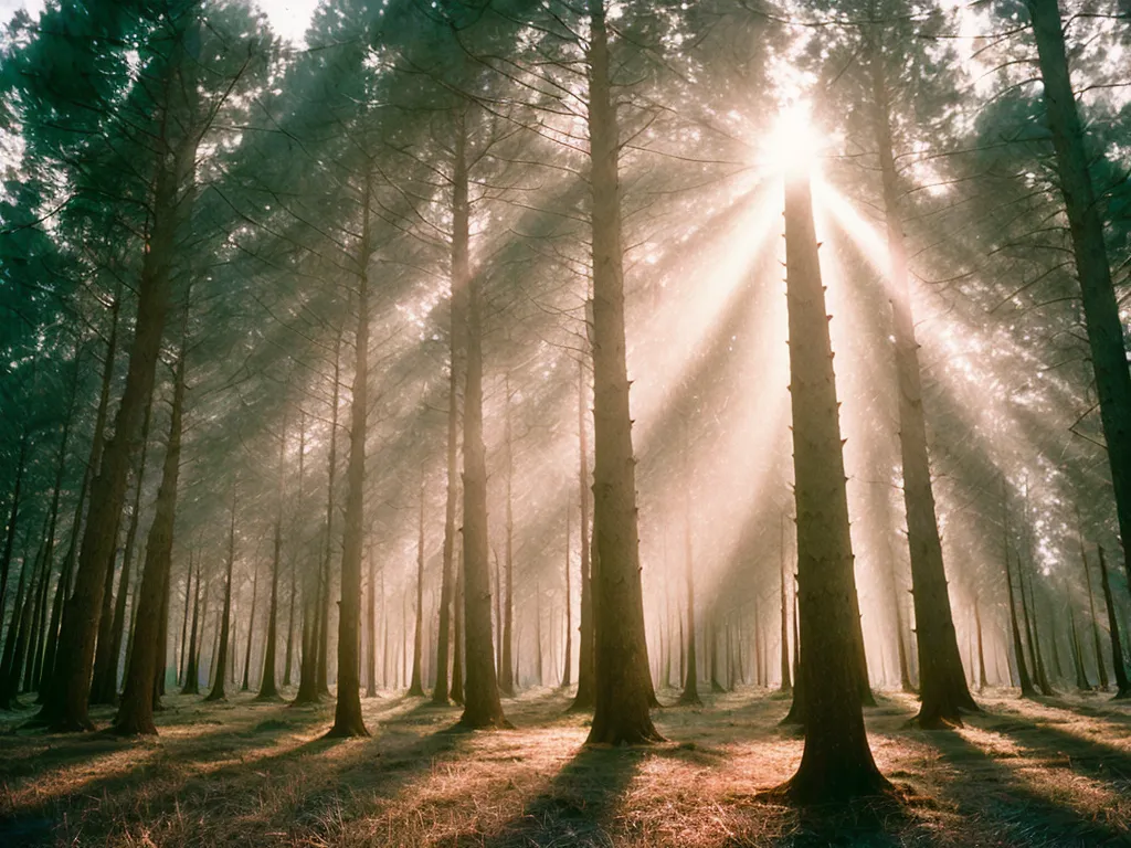 Cette image représente une belle forêt avec de grands pins. Le soleil brille à travers les arbres, créant un motif tacheté sur le sol. Les arbres sont recouverts d'une légère brume, ce qui donne à l'image un aspect onirique. Le sol de la forêt est recouvert d'une épaisse couche d'aiguilles de pin, ce qui lui donne un aspect doux et accueillant. L'image est remplie de couleurs riches, notamment le vert des arbres, le bleu du ciel et le brun des aiguilles de pin. L'image est paisible et sereine, et elle évoque un sentiment de émerveillement et d'admiration.