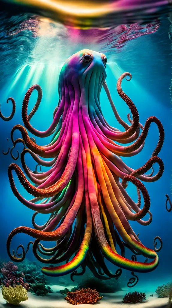 The image shows an octopus with very long tentacles. The octopus is mostly pink with blue and yellow spots and its tentacles are rainbow colored. It is swimming in a blue ocean with the sun shining down on it from the surface. There are some small coral reefs on the ocean floor.