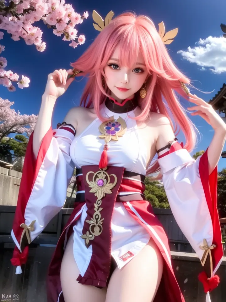 The image is of a young woman with pink hair and blue eyes. She is wearing a white and red kimono-style dress with a pink obi and has a large pink bow in her hair. She is standing in a garden with cherry blossoms and there is a large torii gate in the background. The woman is smiling and has her eyes closed.