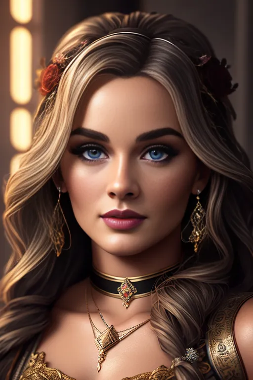 The image shows a beautiful young woman with long, wavy brown hair. She is wearing a golden headpiece with red flowers and has blue eyes, a small nose, and full lips. She is wearing a black choker with a gold pendant and a gold necklace with a large blue gem in the center. She is also wearing a gold dress with a sweetheart neckline and off-the-shoulder sleeves. The dress is trimmed with gold and has a long, flowing skirt. The woman is standing in front of a dark background and is looking at the viewer with a serious expression.