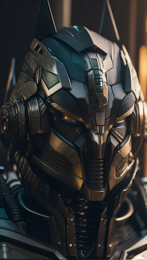 The image is a close-up of a black and gold robot head. The robot's eyes are glowing yellow, and its face is expressionless. The robot's head is made of metal, and it has a lot of detail. The image is dark and moody, and it has a futuristic feel to it.