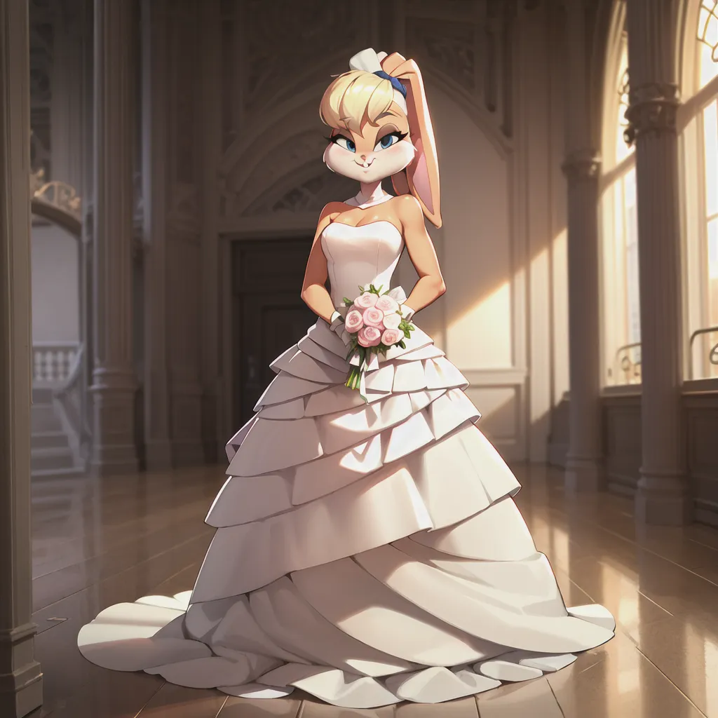 The image shows a cartoon rabbit bride wearing a white wedding dress with a long train. The dress has a fitted bodice with a sweetheart neckline and off-the-shoulder straps. The skirt is full and fluffy, with multiple layers of ruffles. The bride is wearing a long white veil with a scalloped edge. She is carrying a bouquet of pink roses with white baby's breath. The bride is standing in a large, brightly lit room with marble floors and columns. There are tall windows on either side of the room, and a large double door at the back.