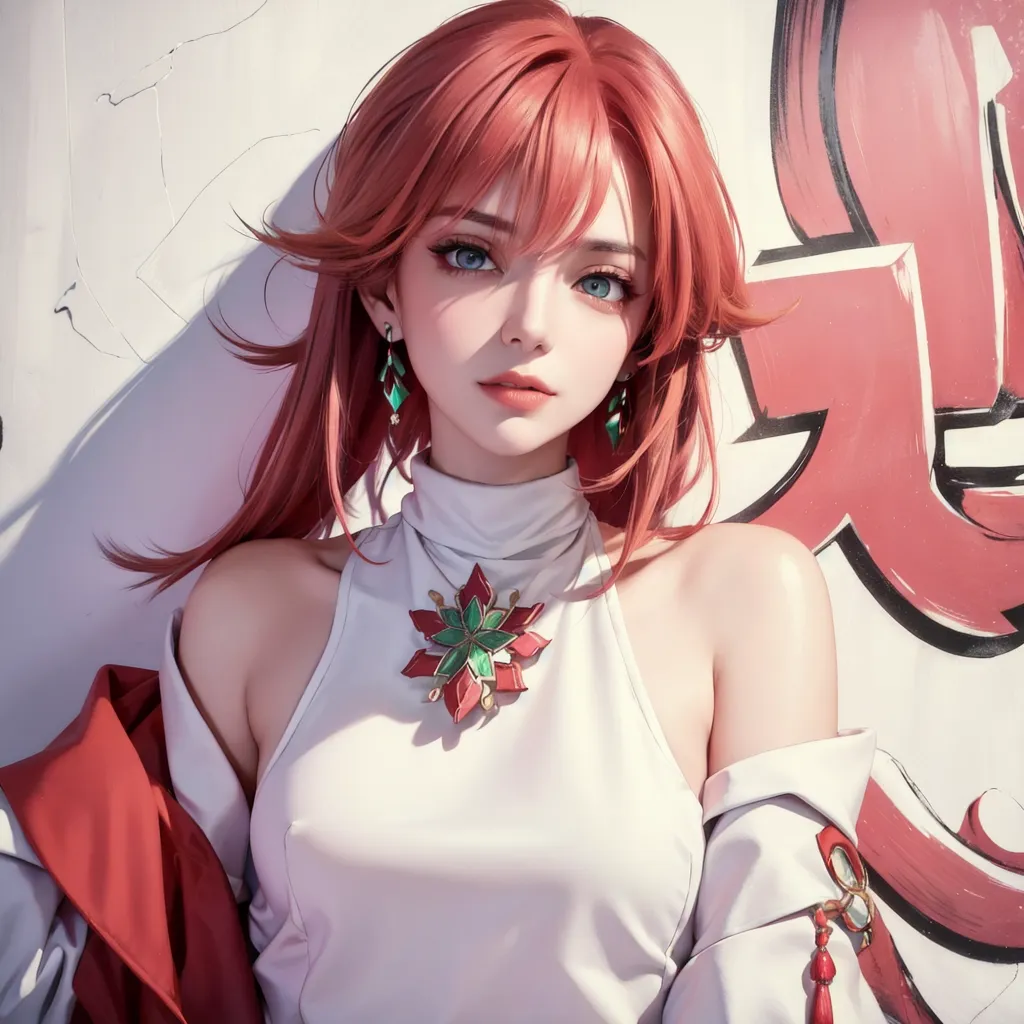 Esta es una imagen de una hermosa chica de anime con cabello rojo largo y ojos azules. Lleva una blusa blanca de halter con una gema verde y roja en el centro. También lleva una chaqueta roja y tiene aretes verdes. Está de pie frente a una pared blanca con grafiti rojo.