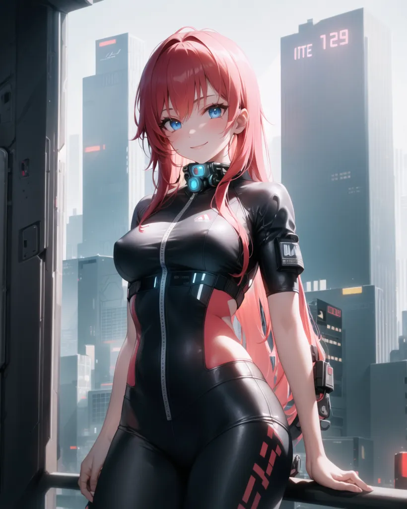 The image shows a young woman with long red hair and blue eyes. She is wearing a black and red bodysuit with a high collar and a zipper in the front. The bodysuit has a futuristic design and looks like it is made of some kind of high-tech material. The woman is standing in front of a large window, and there is a cityscape in the background. The city is full of tall buildings and skyscrapers, and it looks like it is a very modern and technologically advanced city. The woman is looking at the view outside the window with a confident smile on her face. She looks like she is enjoying the view and is proud of the city she lives in.