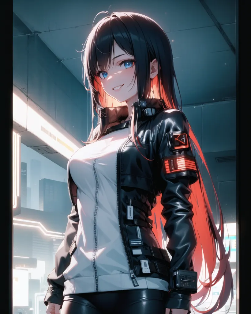 The image is an anime-style illustration of a young woman with long black hair and blue eyes. She is wearing a white shirt, black jacket, and black pants. She has a friendly smile on her face and is looking at the viewer. She is standing in what appears to be a futuristic city, with tall buildings and neon lights in the background.