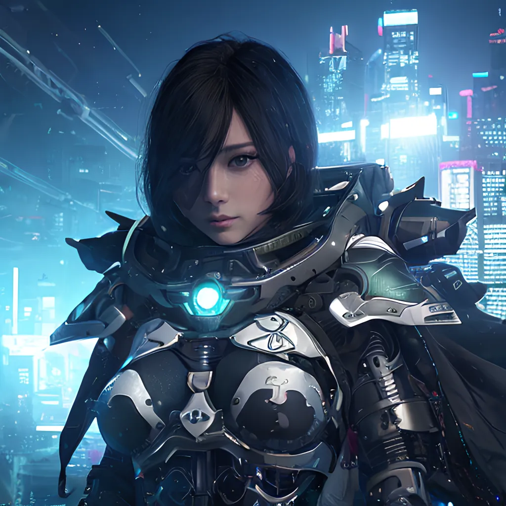 A woman with short black hair and blue eyes is wearing a futuristic suit of armor. The armor is black and silver with blue lights on the chest and helmet. She is standing in a futuristic city with tall buildings and flying cars.