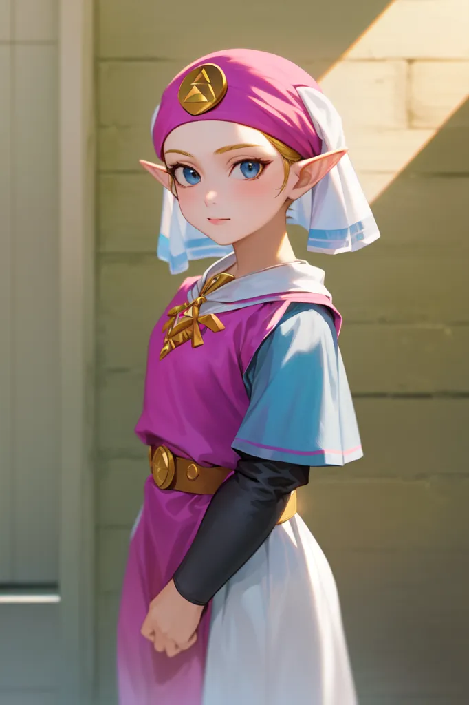 The image shows a young girl with blonde hair and blue eyes. She is wearing a purple dress with a white collar and a pink hat with a gold symbol on it. She also has elf ears. She is standing in front of a wooden door.