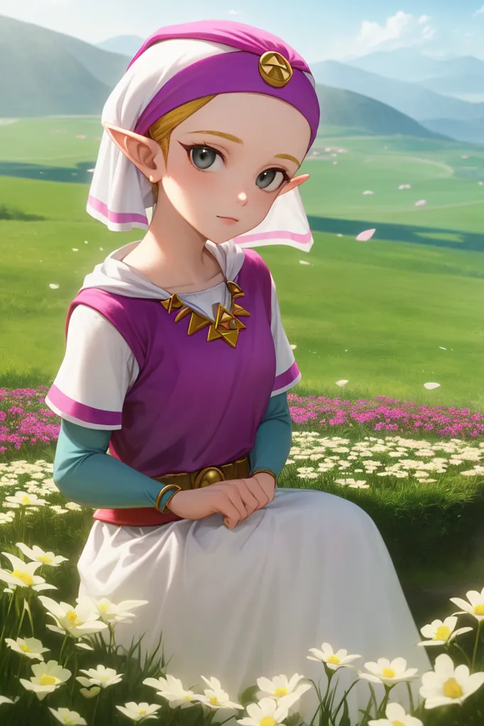 This image shows a young woman with long blond hair and purple eyes. She is wearing a white dress with a pink sash and a purple vest. She is also wearing a white scarf around her head and a gold necklace. She is sitting in a field of flowers with a mountain in the distance. The sky is blue and there are white clouds.