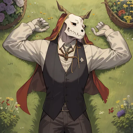 The image is of a muscular man with pale skin and a skull for a head. He is wearing a black vest, a white shirt, and a red cape. He is lying on his back in a field of flowers, with his arms outstretched. He has a serene expression on his face.