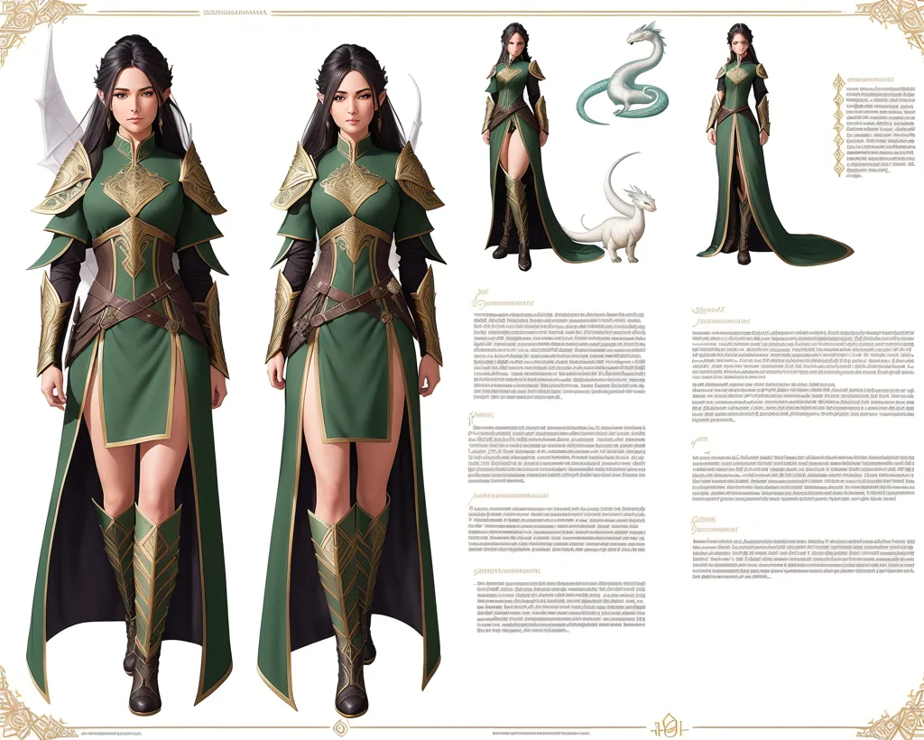 The image shows a fantasy character, a female warrior. She is wearing a green dress with a metal chest plate and green boots. She has a sword on her hip and a bow and arrow on her back. She is standing in a forest, with a dragon flying behind her. The image is drawn in a realistic style, and the character is depicted in great detail.