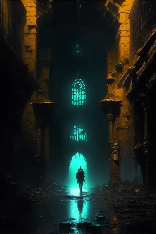 The image is a dark and mysterious hallway. The only light comes from three glowing blue windows in the distance. The floor is wet and there is a puddle in the foreground. A figure in a black cloak is walking away from the viewer. The figure is illuminated by the blue light from the windows, and their shadow is cast on the wall.