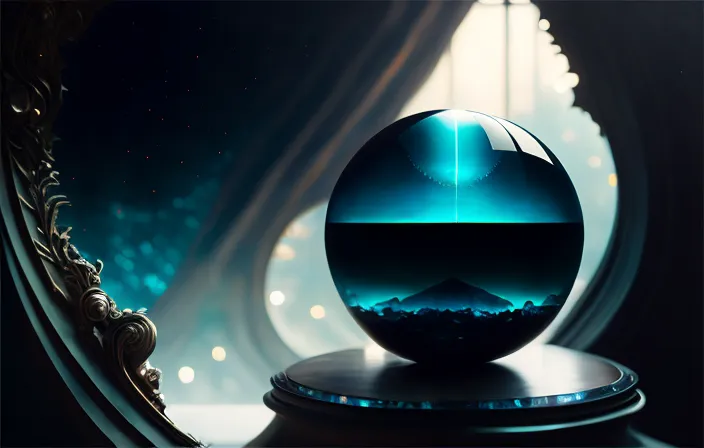 The image is a 3D rendering of a blue crystal ball on a stand. The ball is reflecting a blue and black landscape with mountains. The ball is sitting on a black stand in what appears to be a dark room with a large window on the right. There is a gold-trimmed archway on the left of the frame.