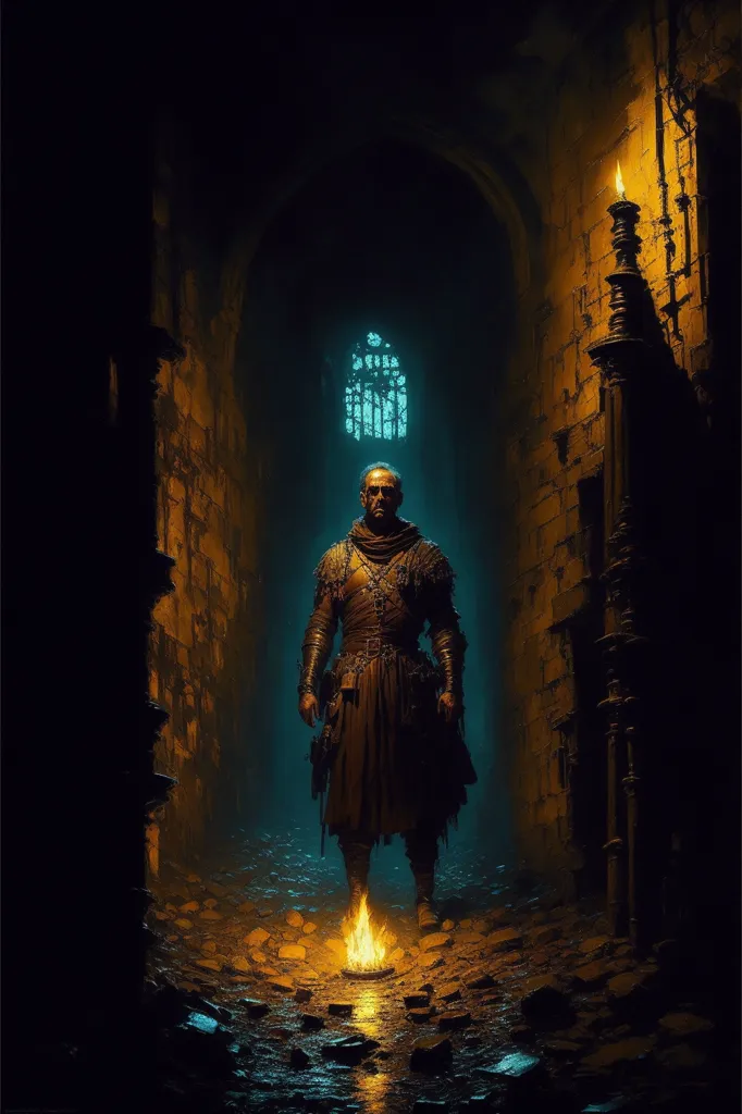 The image is a dark and mysterious painting of a man standing in a stone corridor. The man is dressed in a brown leather jerkin and pants and has a sword at his side. He is holding a torch in his left hand and looking at the viewer with a determined expression. The corridor is lit by the torch and the man's eyes, and the walls are covered in strange symbols. The image is full of atmosphere and mystery, and it is unclear what the man is doing or where he is going.