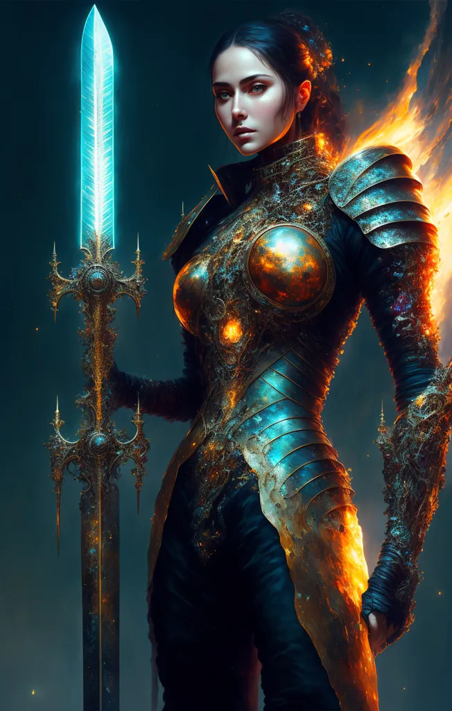 This is an image of a woman in armor. The armor is gold and has orange flames coming off of it. She is holding a sword that has a blue blade. She is looking at the viewer with a serious expression. She has brown hair and blue eyes. She is wearing a black shirt underneath the armor. The background is dark blue.