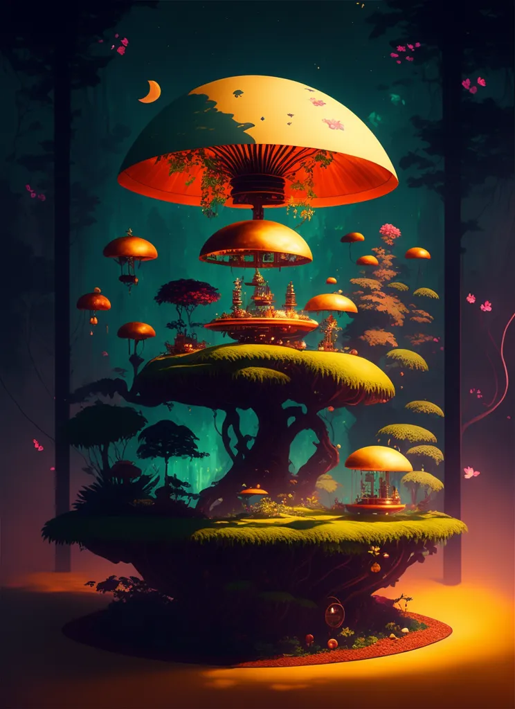 The image is a surreal landscape featuring a giant mushroom-like structure at the center. The mushroom has a yellow cap and a brown stem. It is surrounded by several smaller mushrooms of various colors. The ground is covered in lush green grass and there are several trees in the background. The sky is dark and there is a crescent moon in the upper left corner. There is a small structure with a conical roof on top of the mushroom. The structure has several windows and is surrounded by trees and plants. There is a path leading up to the structure.