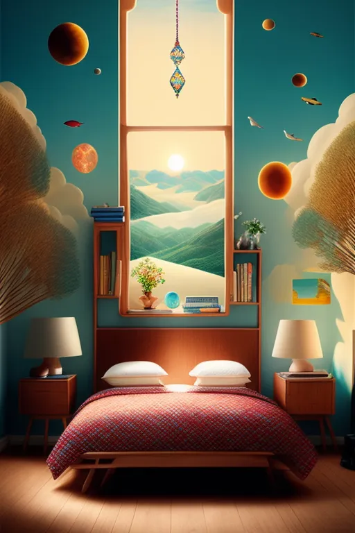 The image is a bedroom with a large window. The window is divided into three sections. The top section is a blue sky with two planets and two birds. The middle section is a desert landscape with mountains in the background. The bottom section is a close-up of a beach with sand and water. The walls of the bedroom are painted blue and there is a brown wooden floor. There is a bed in the center of the room with a red and white comforter. There are two nightstands on either side of the bed with lamps on them. There is a small green plant on the nightstand on the left side of the bed. There is a dresser on the right side of the bed with books on it. There is a painting of a desert landscape on the wall above the dresser. There is a brown wooden desk in the corner of the room with a computer on it. There is a blue rug on the floor in front of the desk.