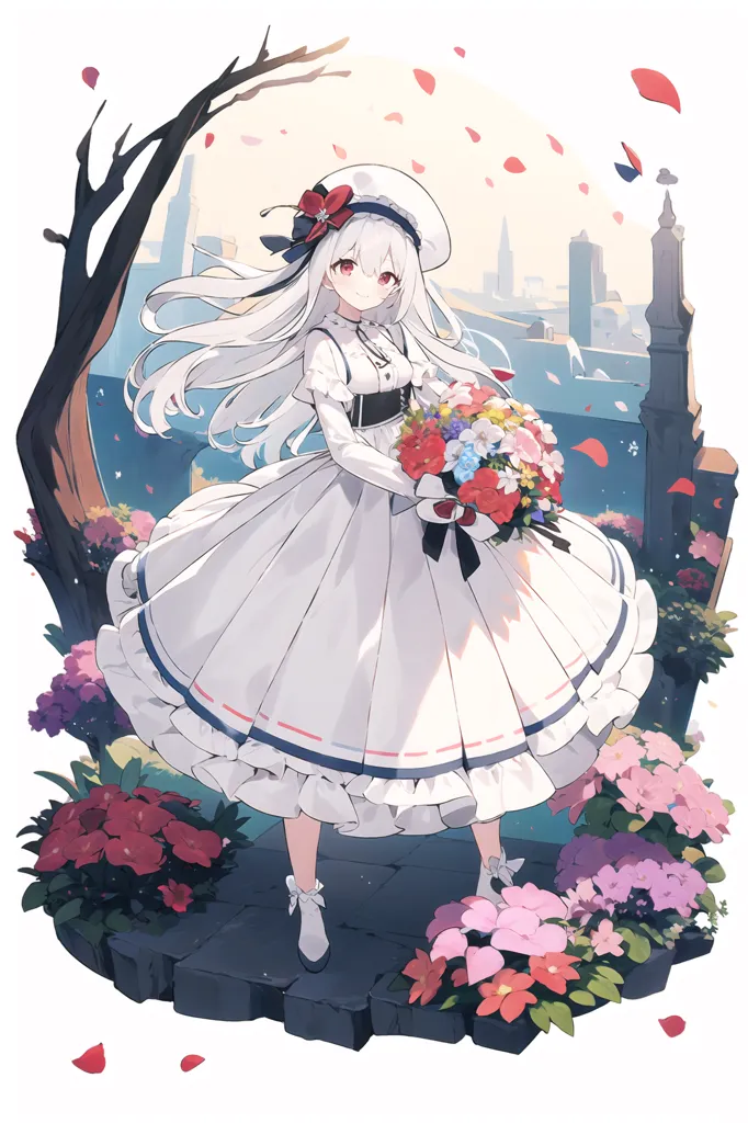 Esta é uma ilustração de uma menina vestindo um vestido branco com uma fita vermelha no cabelo. Ela está em pé em um jardim, segurando um buquê de flores. O fundo é um cenário urbano com um rio correndo através dele. A menina está sorrindo e parece feliz.