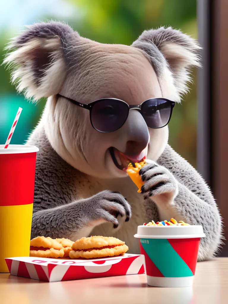 The image shows a koala wearing sunglasses eating a chicken nugget. The koala is sitting at a table with a tray of food in front of him. On the tray is a box of chicken nuggets, a cup of fries, and a soft drink. The koala is holding the chicken nugget in his paw and is about to take a bite. The koala has a very satisfied expression on his face.