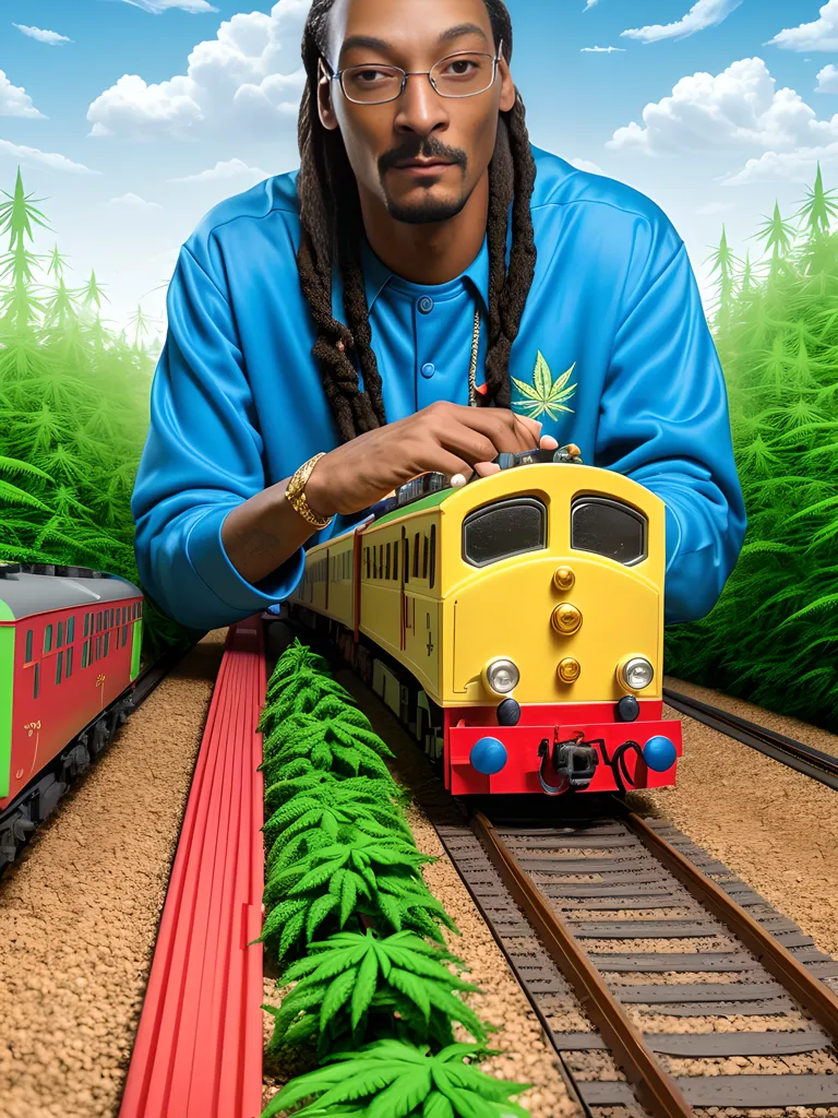 This image shows Snoop Dogg crouching down next to a model train set. He is wearing a blue tracksuit with a marijuana leaf on the chest. He has his signature long hair and beard and is wearing glasses. He has one hand on the train and one hand holding what seems to be a lighter. There are marijuana plants growing along the train tracks. In the background, there are larger-than-life pine trees and a blue sky with white clouds.