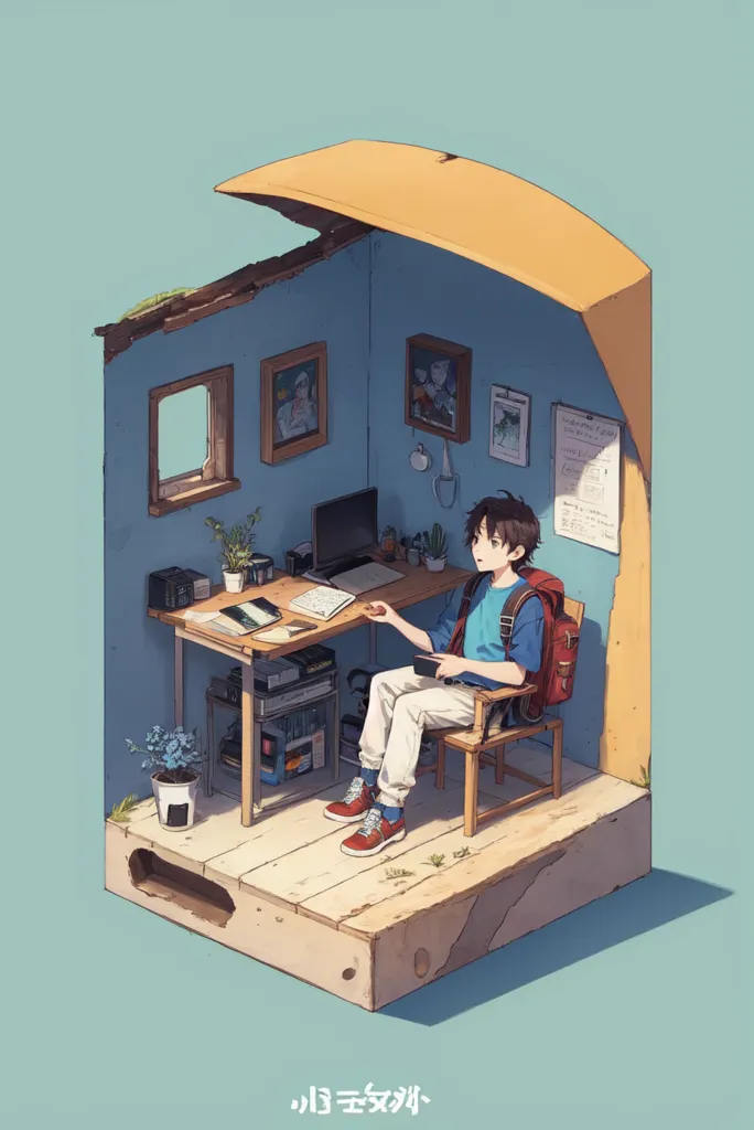 This is an illustration of a small, cozy room. The room has a blue wall with two windows, a desk, a chair, and a few plants. There is a boy sitting at the desk, he is wearing a backpack and holding his chin with his right hand. The room is decorated with a few posters and some plants. The overall atmosphere of the room is warm and inviting.