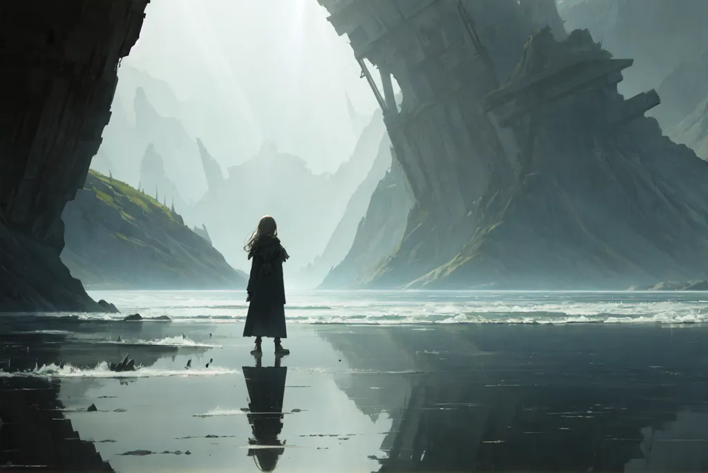 The image is set in a post-apocalyptic world. The sky is dark and cloudy, and the ground is covered in rubble. The only sign of life is a young girl, who is standing in the middle of the ruins. She is wearing a tattered cloak, and her hair is matted and dirty. The girl's eyes are wide with fear, and she is clearly lost and alone.

The image is full of contrast. The dark, gloomy sky is in stark contrast to the bright, shining water. The girl's tattered cloak is in contrast to her pale skin. The image is also full of symbolism. The ruins represent the destruction of the world, and the girl represents the hope for the future. The image is a powerful reminder that even in the darkest of times, there is always hope.