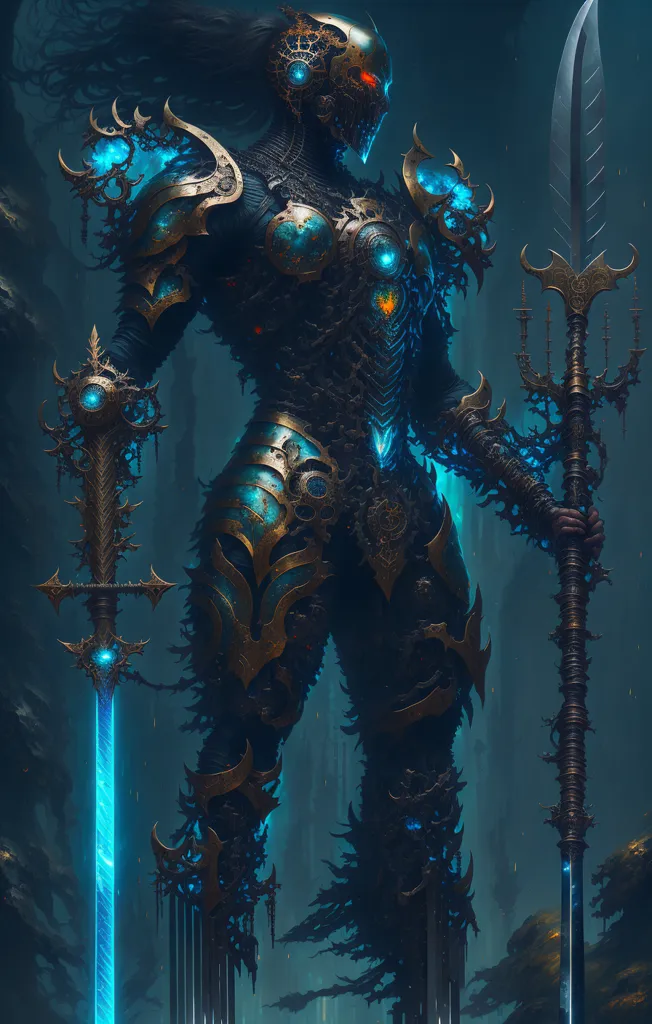 The image is a dark figure with glowing blue and green details. It is wearing a suit of armor and is holding a trident in its right hand. The background is dark and there is a blue light shining on the figure.