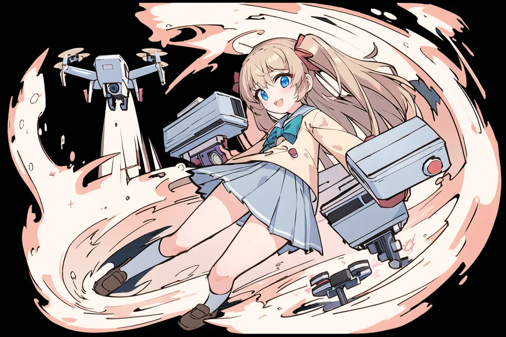 The image is an anime-style illustration of a young girl with long blonde hair and blue eyes. She is wearing a white shirt, blue skirt, and brown shoes. She is also carrying a large gun and is surrounded by several small drones. The girl is standing in a dynamic pose, and her expression is one of determination. The background of the image is a swirling mass of pink and white energy.