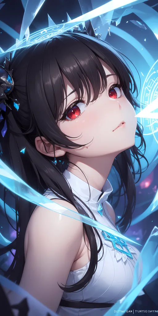 The image is a portrait of a young woman with long black hair and red eyes. She is wearing a white dress with a blue ribbon around her neck. She is looking to the right of the frame with a serious expression on her face. There is a blue magic symbol floating in front of her. She is surrounded by blue and white light effects.