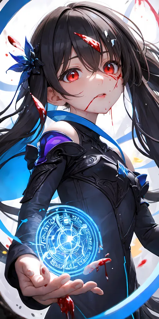 The image is a portrait of a young woman with long black hair and red eyes. She is wearing a black and blue outfit and has a blue magic circle in front of her. The background is white with red and blue accents. The woman's expression is serious and determined.