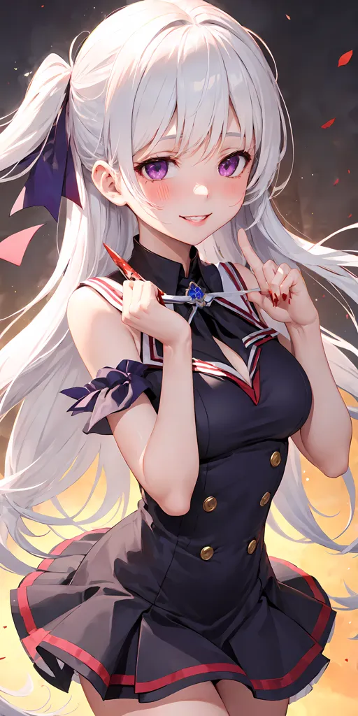 The image is a portrait of a young woman with long white hair and purple eyes. She is wearing a black and white sailor-style dress with a red ribbon at the collar. She has a knife in her right hand and is smiling. There is a yellow background with red and white particles.