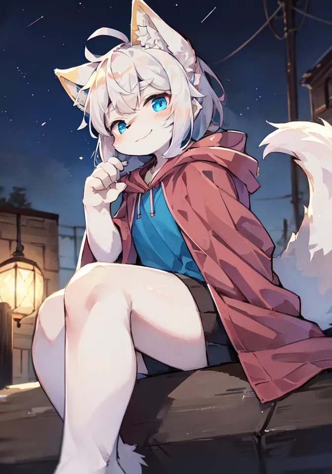 The image is of a young woman with white hair and blue eyes. She has fox ears and a tail, and is wearing a red hoodie and blue shorts. She is sitting on a ledge or railing, with one leg crossed over the other and her hands resting near her face. She has a sly expression on her face, and the background is a night sky with stars and a lantern.