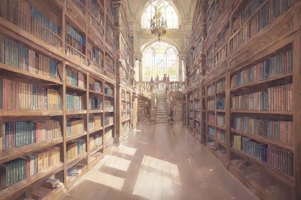 The image is a long library with a high ceiling. There are many bookshelves on both sides of the library. The bookshelves are made of wood and are filled with books. There is a large window at the end of the library. The window is stained glass and has a picture of a forest on it. There are people walking around in the library. They are all wearing robes.