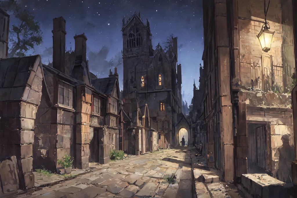 A imagem é uma pintura de uma rua em uma cidade medieval. A rua é estreita e calçada, e ladeada por antigas casas e lojas de madeira e argila. Há uma grande igreja no final da rua. O céu está escuro e há algumas estrelas à vista. Um homem com uma lanterna está caminhando pela rua.