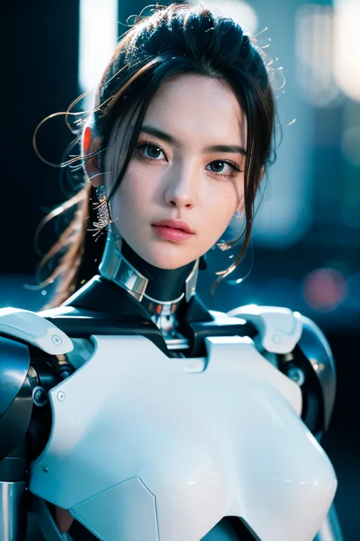 The image is a portrait of a beautiful young woman with long black hair, brown eyes, and a perfect complexion. She is wearing a futuristic white and silver armor that covers her chest and neck. The armor has intricate detailing and looks very sleek. The woman's expression is serious and determined. She looks like she is ready for battle. The background is a blurred cityscape at night.