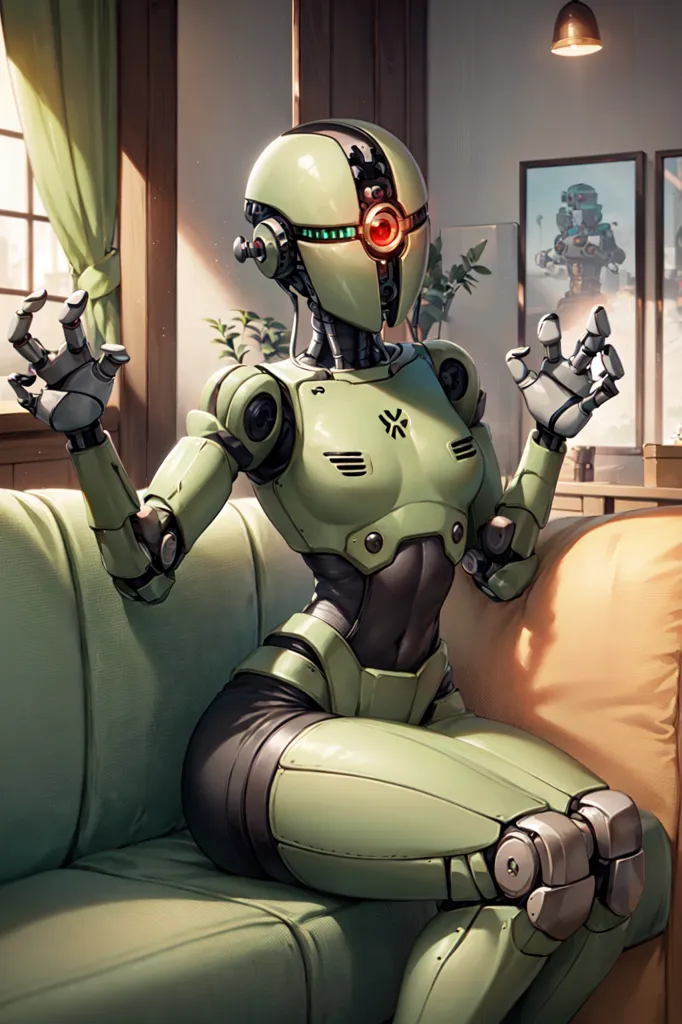 The image is a painting of a gynoid sitting on a couch. The gynoid is wearing a green and black bodysuit. The gynoid's face is expressionless. The painting is done in a realistic style, and the artist has paid close attention to detail. The background of the painting is a living room, and there is a window, a lamp, and a plant in the background.