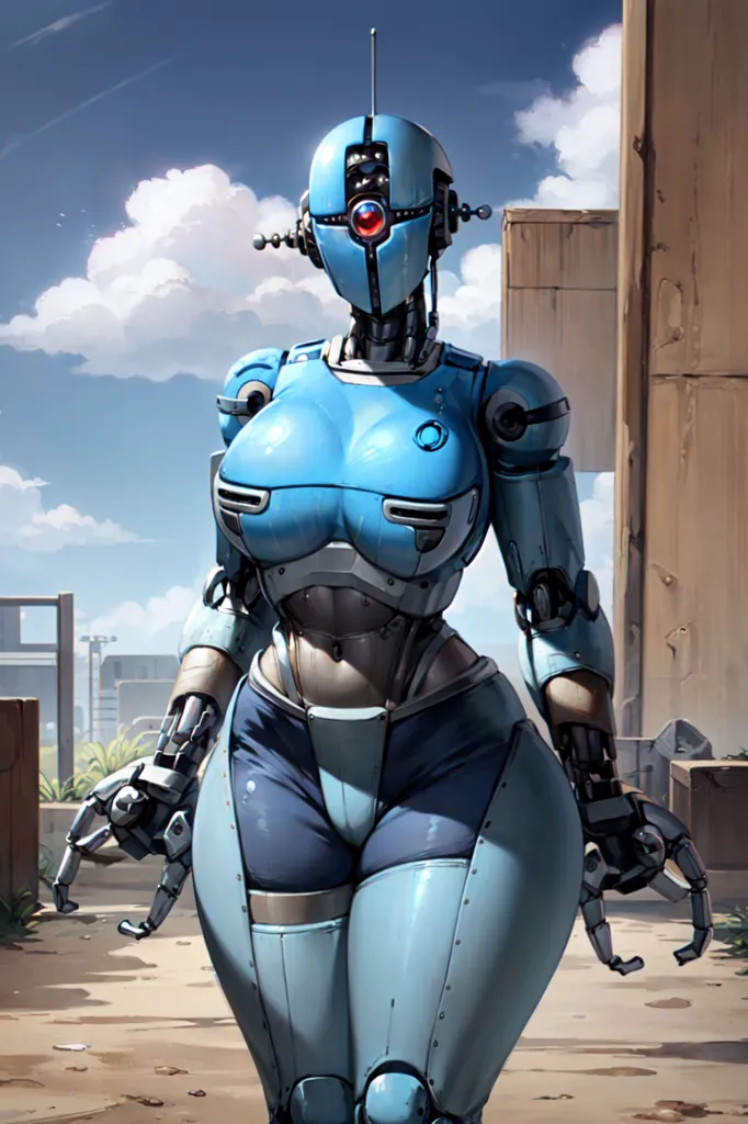 The image is a painting of a robot woman. She is standing in a post-apocalyptic city. She is wearing a blue and silver bodysuit. She has a large red eye on her forehead and a smaller blue eye on her chest. Her hands are empty. She is looking at the viewer with her red eye.