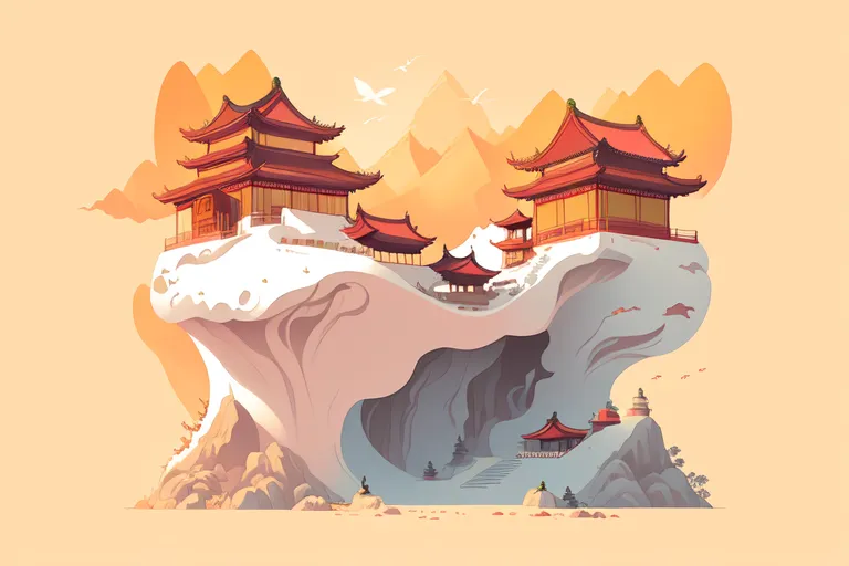 The image is of two Chinese-style buildings on a floating rock. The buildings are red and yellow with intricate details. The rock is gray and has a hole in it. There are mountains in the background and a few birds flying in the sky. The image has a soft, dreamlike quality.