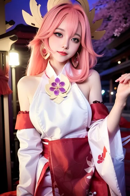 La imagen es de una mujer joven vestida con un atuendo estilo kimono. Tiene el cabello rosa y los ojos morados, y lleva un kimono blanco y rojo con un obi rosa. El kimono tiene un patrón floral y está ribeteado con oro. También lleva un collar con un colgante rosa y tiene el cabello recogido en un moño con una cinta rosa. El fondo está desenfocado y fuera de foco.