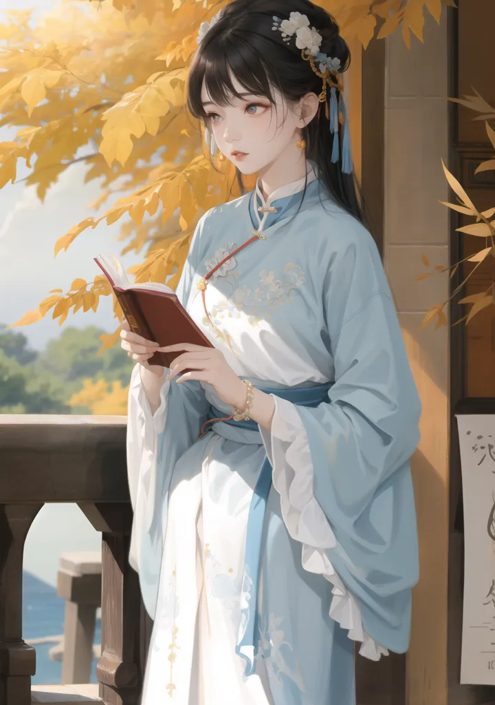 The image is a painting of a young woman reading a book. She is standing on a balcony, surrounded by a lush garden. The woman is wearing a traditional Chinese dress, and her hair is adorned with flowers. She is holding the book in her hands and is looking down at it, her face is serene and thoughtful. The painting is done in a realistic style, and the colors are vibrant and lifelike. The image captures the beauty of the woman and the peacefulness of the garden.