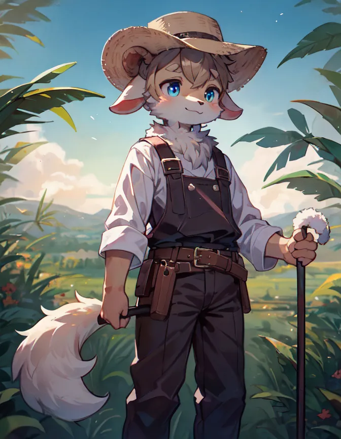 The image is of a young man with animal ears and a tail, wearing a straw hat, white shirt, and brown overalls. He is standing in a field of tall grass, holding a staff in his right hand and a sickle in his left hand. In the background is a hill and a blue sky.