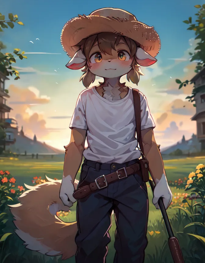 The image is of a furry character, which is a cartoon animal with human-like characteristics. It is standing in a field of flowers, wearing a straw hat, white shirt, blue jeans, and brown belt with a gun holster. The character has brown hair and eyes and is smiling. The background of the image is a meadow with a village in the distance. The sky is blue with a few clouds.