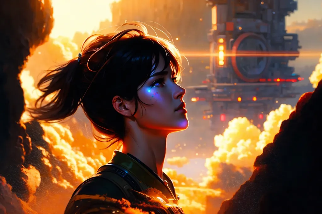 This is an image of a young woman standing on a cliff. She is looking out at a ruined city. The sky is orange and the clouds are dark. The woman is wearing a brown jacket. She has a ponytail and a small earring in her left ear. Her expression is one of determination.