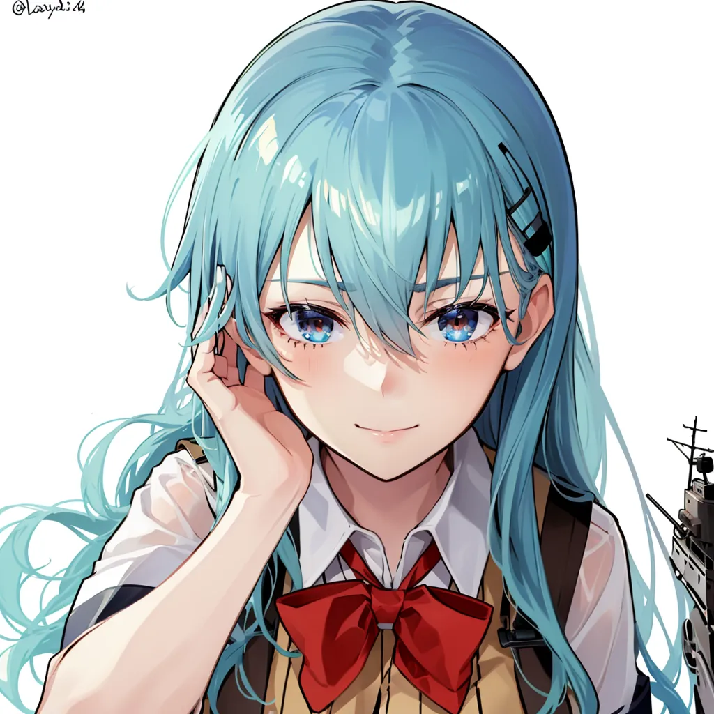 This is an illustration of a young woman with long, light blue hair and blue eyes. She is wearing a white shirt and a red bow tie. The woman has a gentle smile on her face and is looking at the viewer. She is standing in front of a large ship.