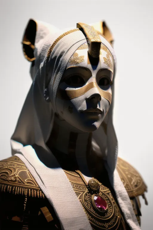 This is an image of a woman who appears to be an Egyptian queen or goddess. She is wearing a white headdress with a golden cobra on the front. The headdress also has two golden horns sticking out from the top. She is wearing white and gold face paint and has a golden necklace with a red jewel in the center. She is also wearing golden earrings.