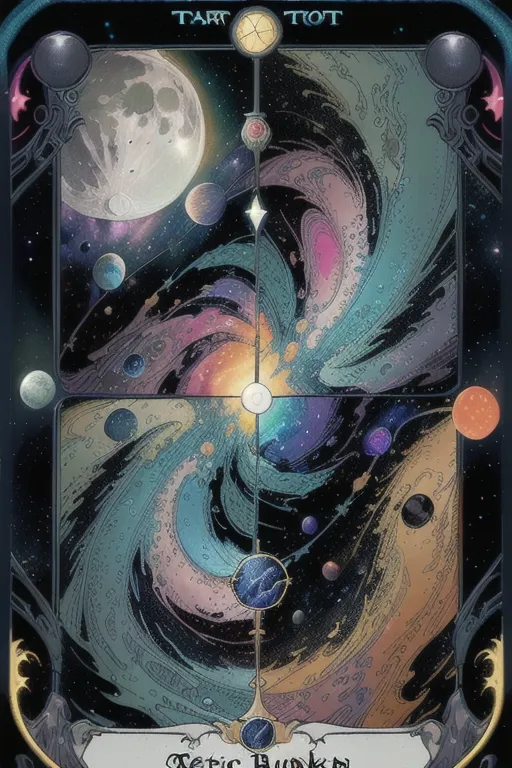 The image is a tarot card. It is divided into four sections. The top section has a crescent moon and a full moon. The bottom section has two planets. The left section has a planet and the right section has a planet. In the center of the card is a large spiral. The spiral is made up of different colors, including blue, green, yellow, and purple. There is a small white circle in the center of the spiral. The card is bordered by a black frame.