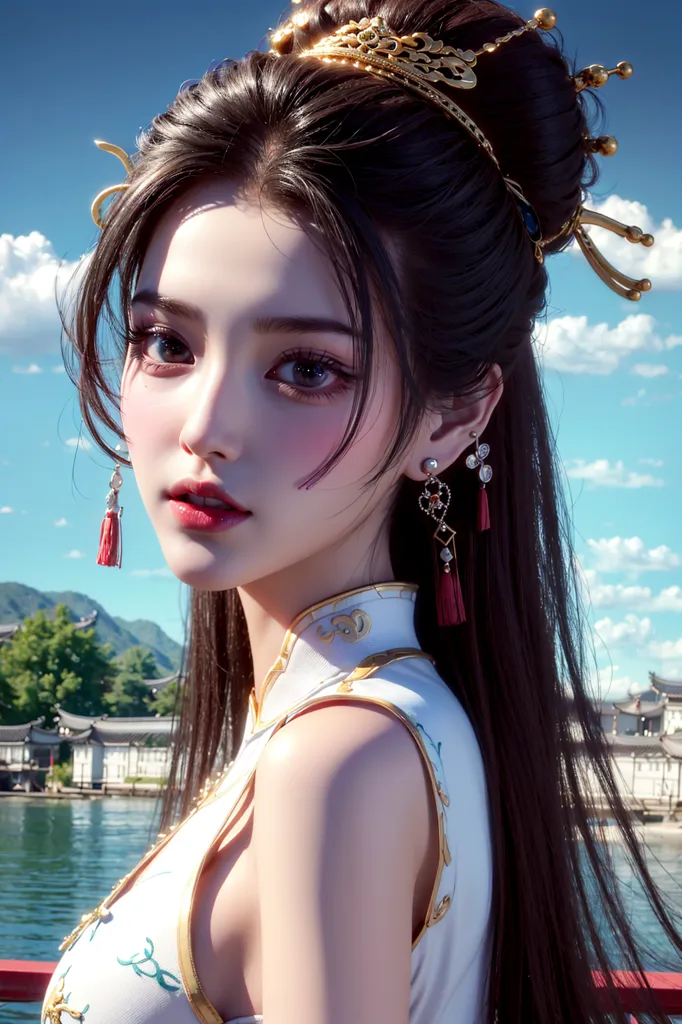 This is an image of a beautiful young woman with long, dark hair. She is wearing a traditional Chinese dress with a white top and a long, flowing skirt. The dress is decorated with intricate patterns and designs. The woman's hair is pulled back into a bun and she is wearing a pair of ornate earrings. She is standing on a bridge overlooking a lake. In the background, there are mountains and a traditional Chinese building. The water in the lake is a deep blue color and the sky is a light blue color. The image is very detailed and realistic.